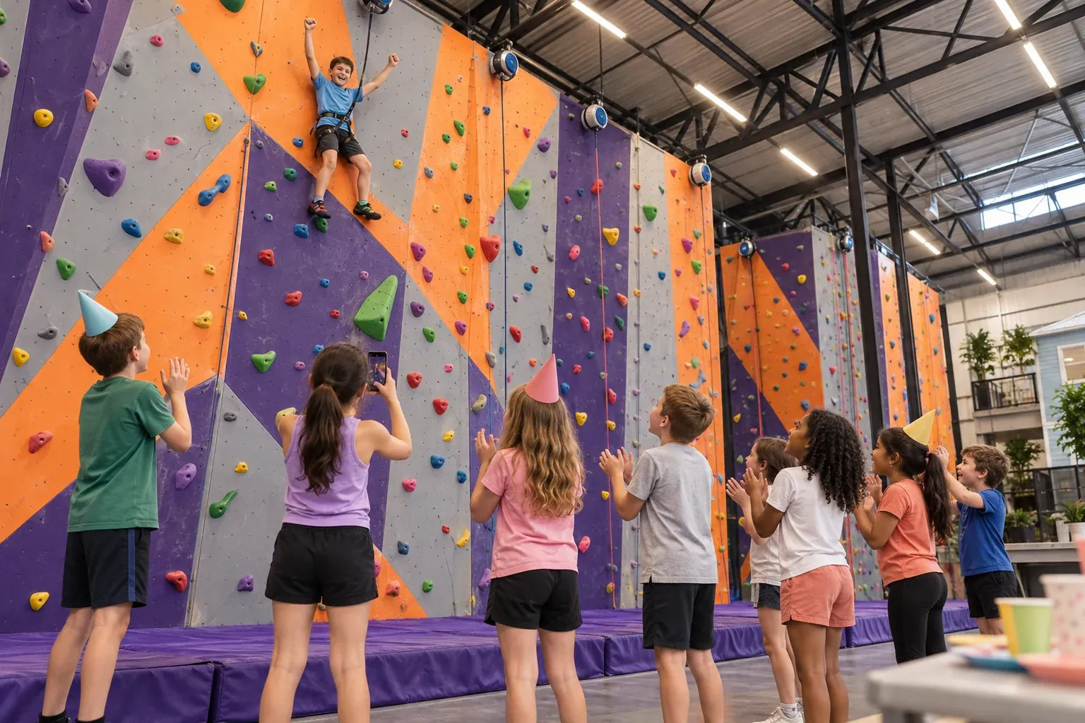 A birthday group cheering from the floor as a child reaches the top of the climbing wall at Fort Rock
