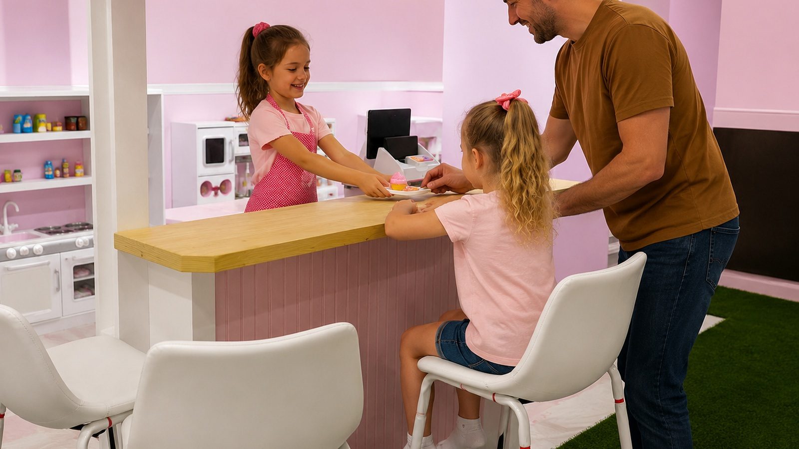 Father joining two children in pretend play at the pink shop counter