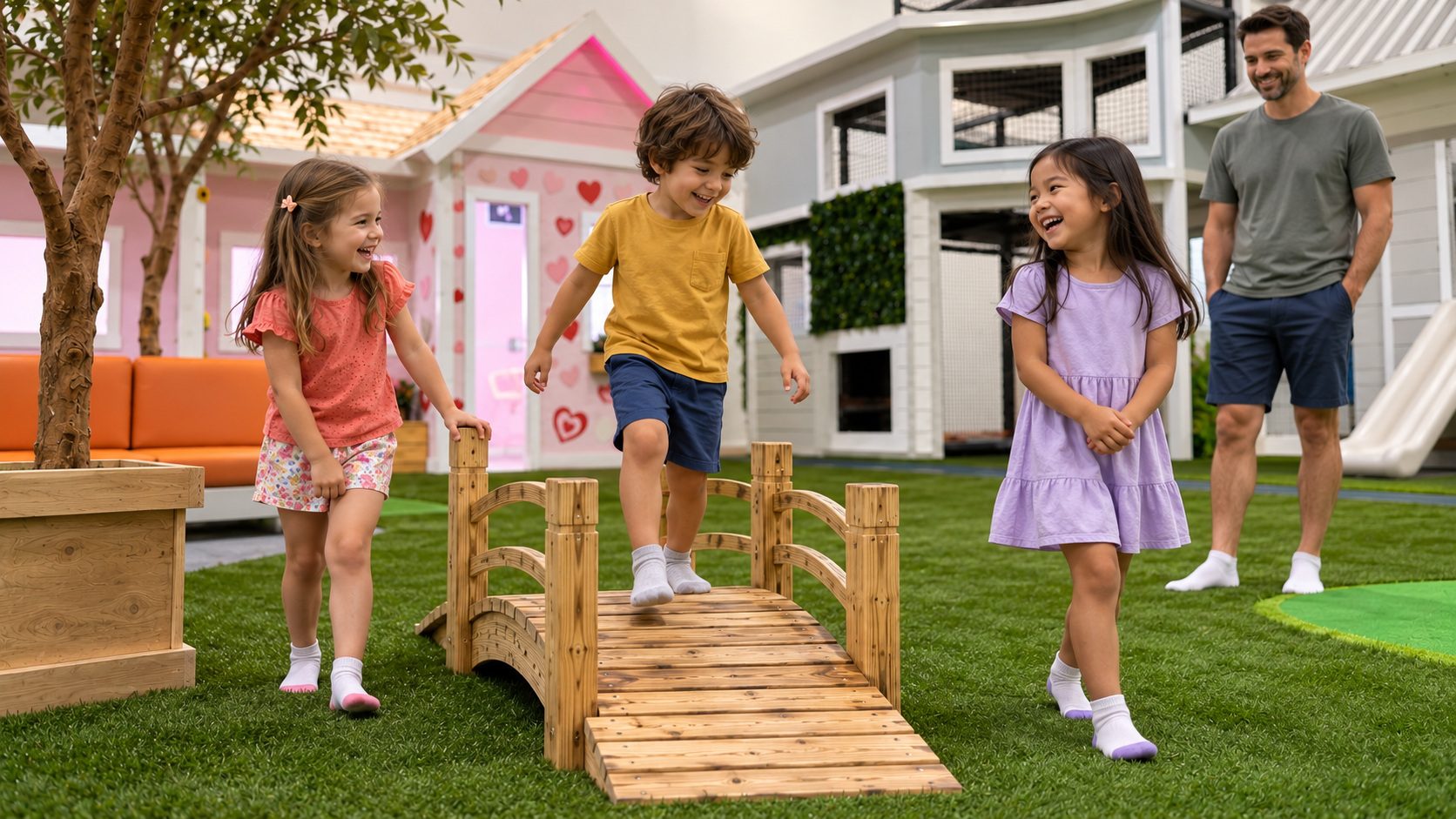 Three children laughing around the small wooden bridge while a parent supervises