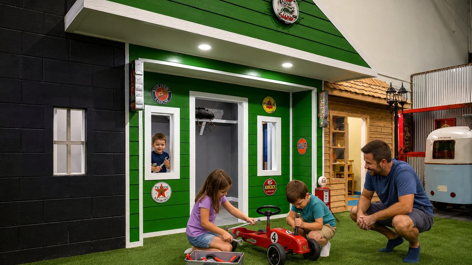 Children playing mechanic with a red toy car at the green pretend garage