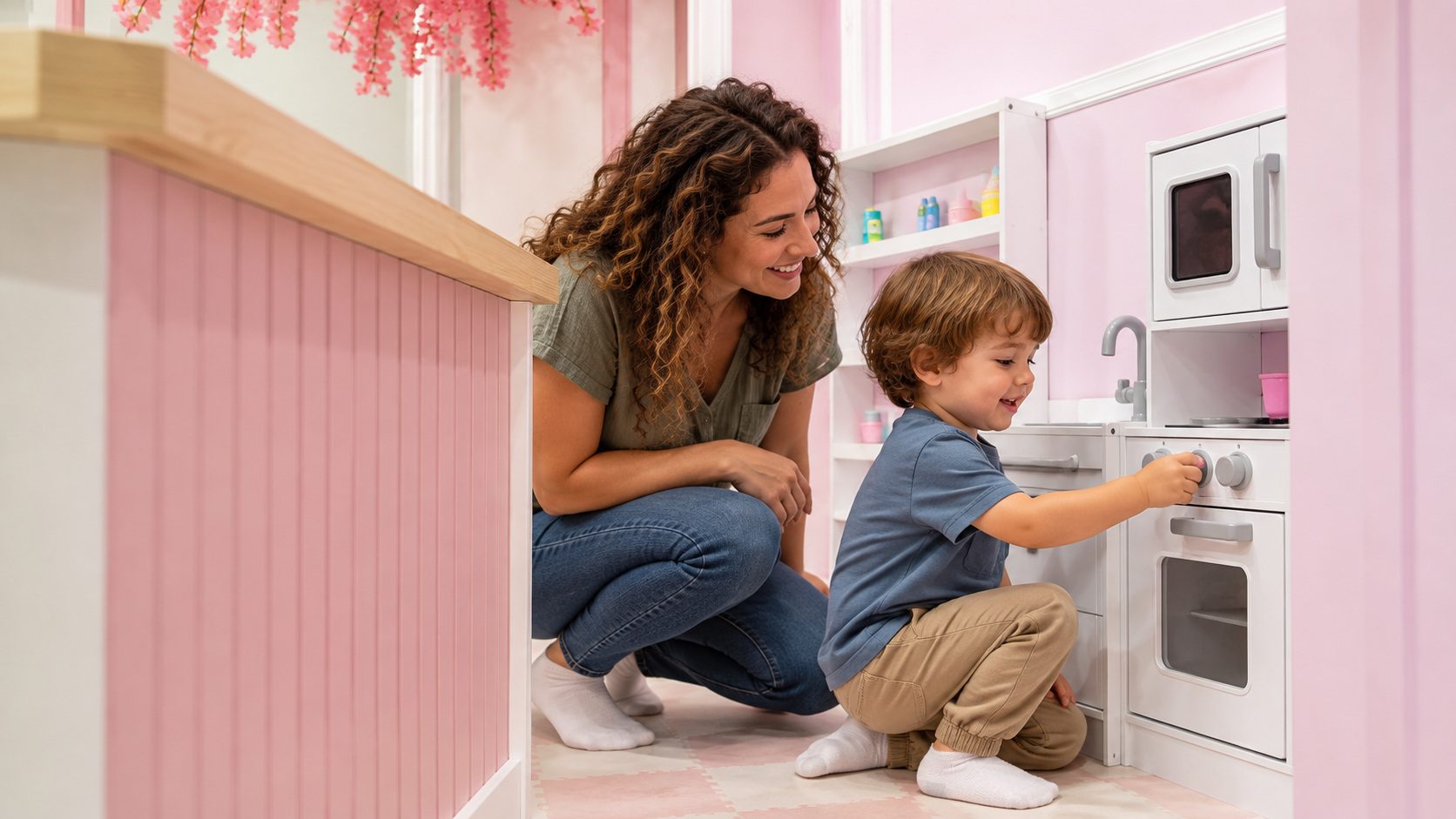 Mother and young child exploring the toy kitchen inside the pink pretend shop