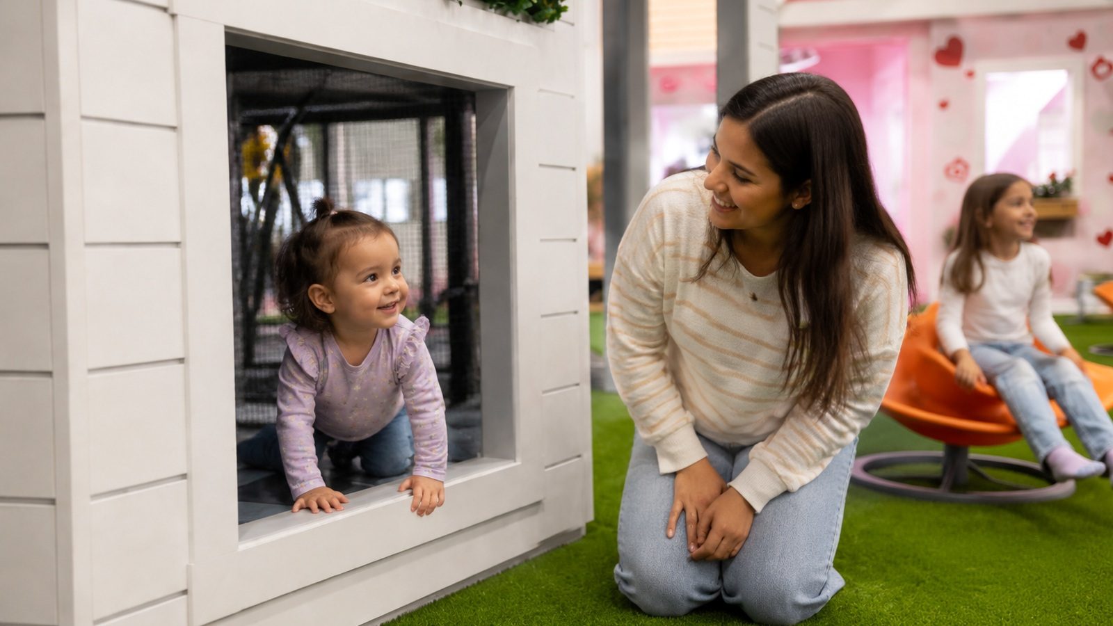 Mother kneeling beside her toddler at the white playhouse window